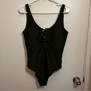 Green Lace-Up One-Piece Swimsuit with Open Back